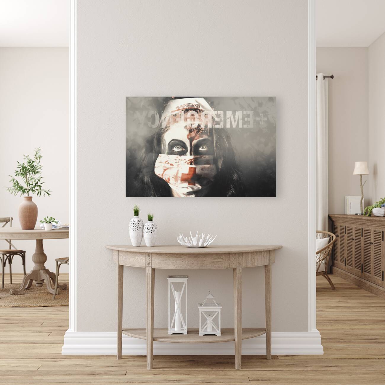 Crazy nurse of death looking at emergency sign Reproduction