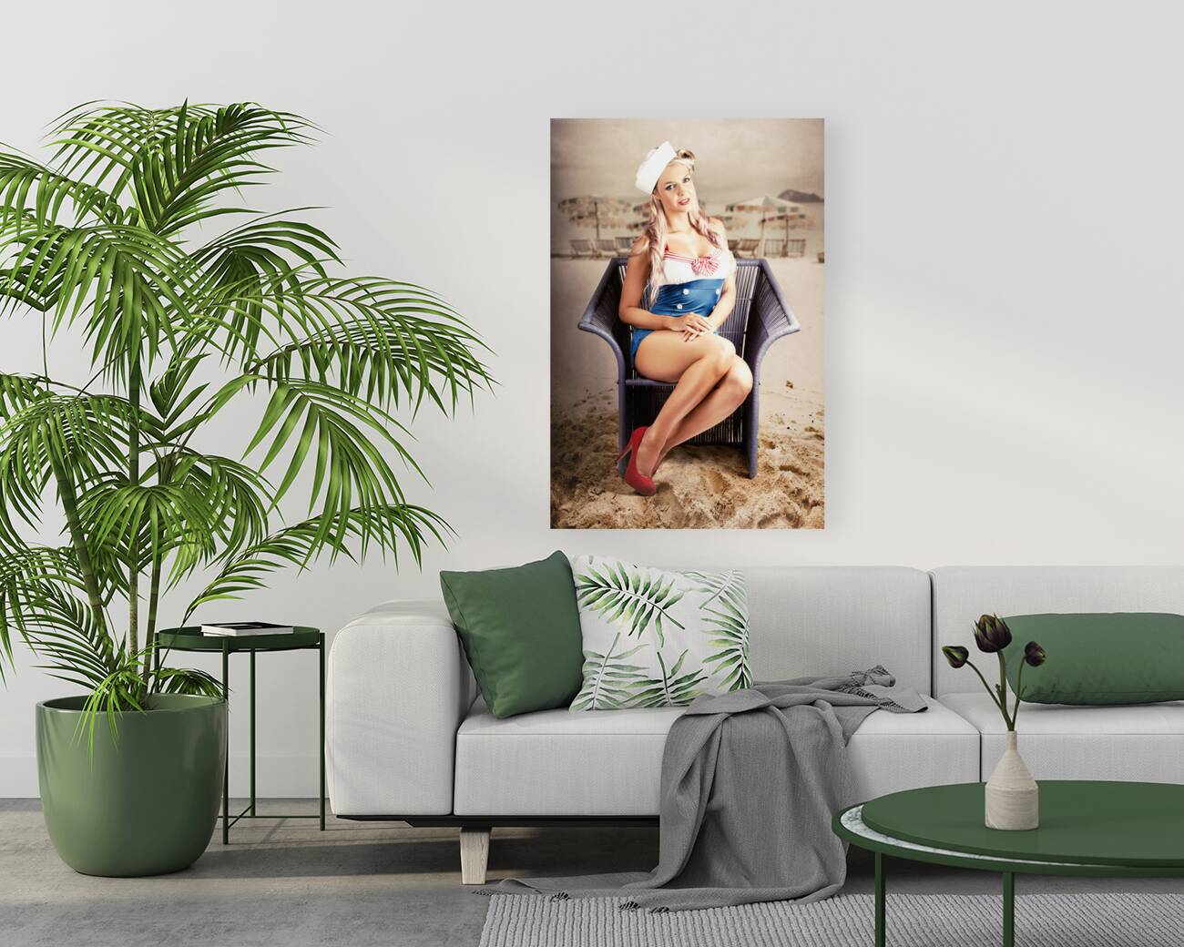 Retro Blond Beach Pinup Model With Elegant Look Reproduction