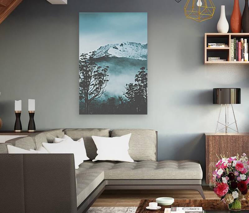 Dramatic dark blue mountain with snow and fog Reproduction