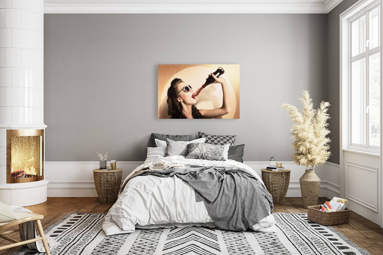 Young pinup woman in sunglasses drinking soda Reproduction