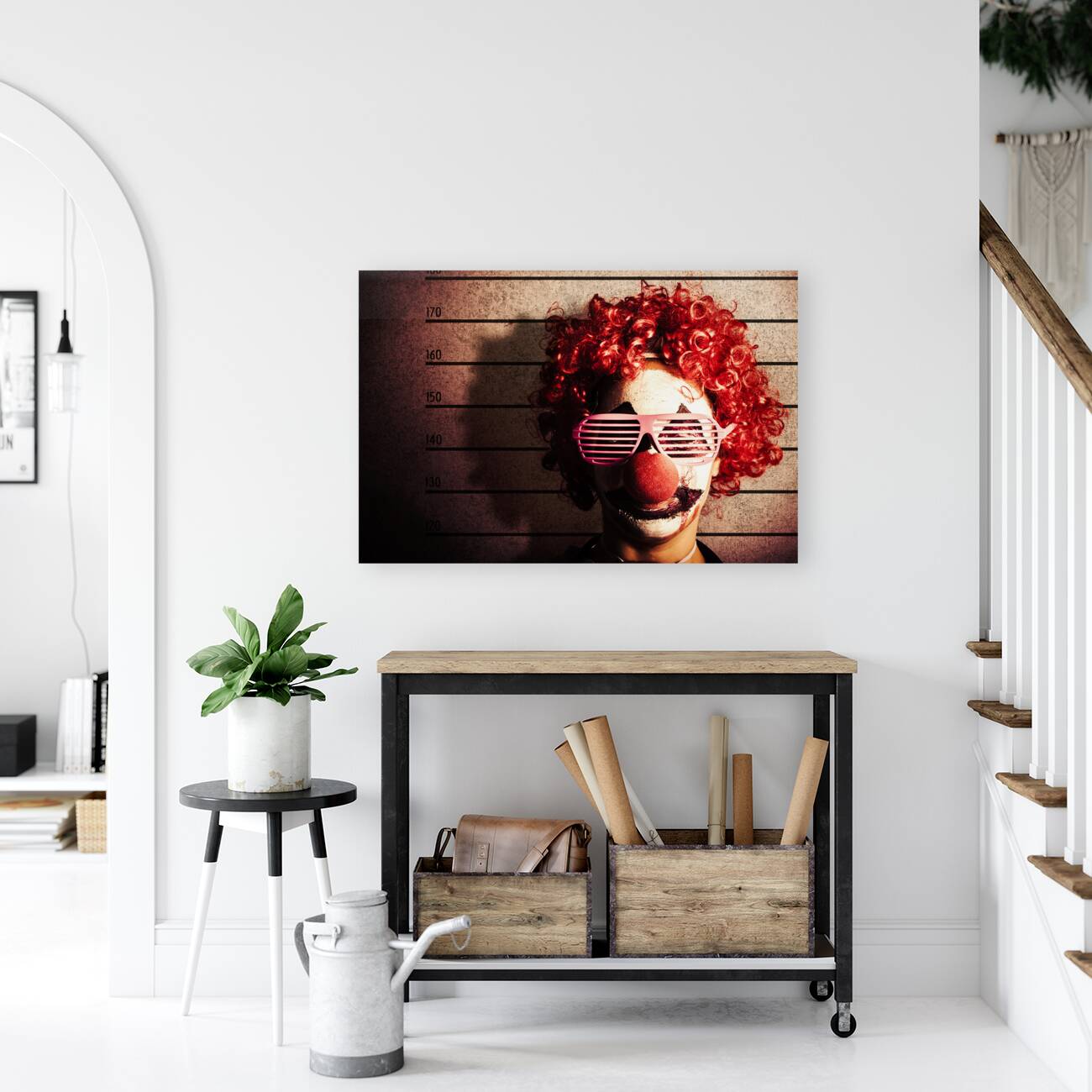 Clown criminal mug shot photo ID on police lines Reproduction