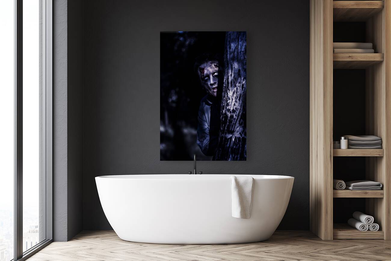 Dark evil zombie watching from horror forest Reproduction