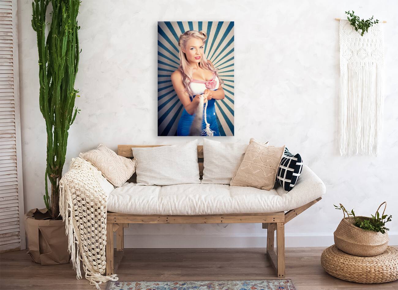 Retro Poster Girl On Vintage Rays Background Reproduction