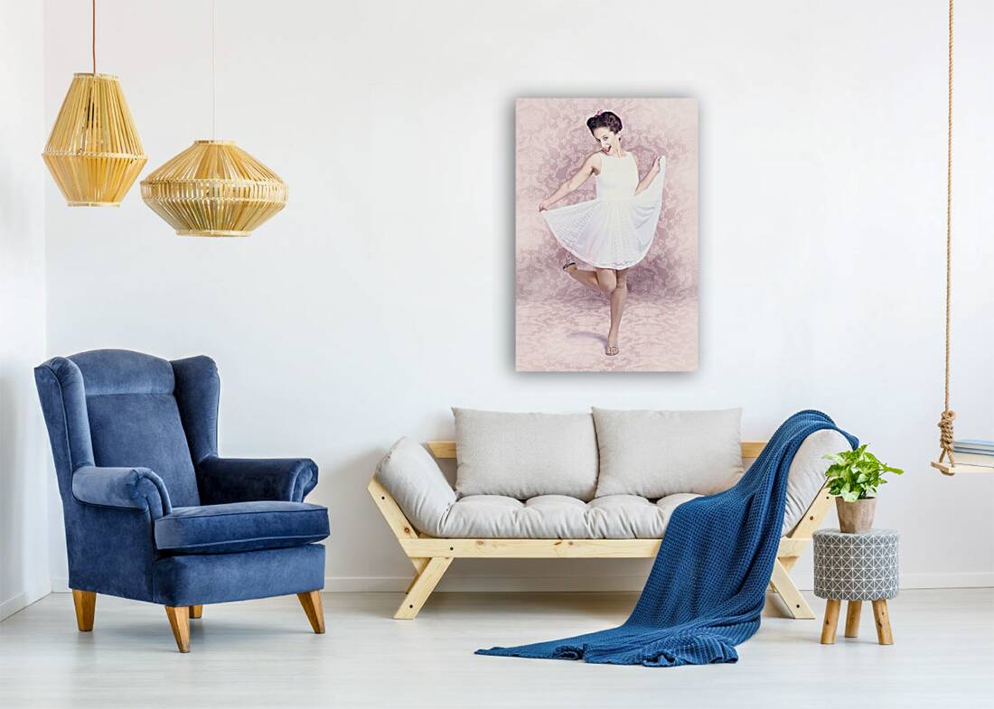 Young beautiful pinup woman dancing in retro dress Reproduction