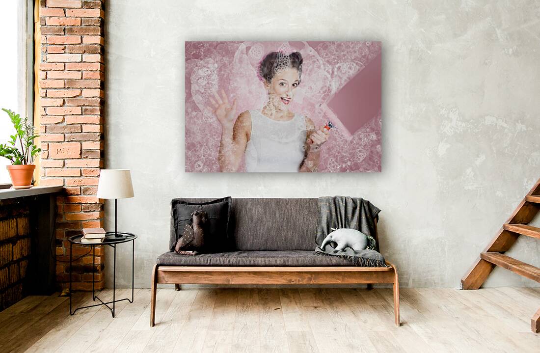 Retro window cleaning girl looking at clean glass Reproduction