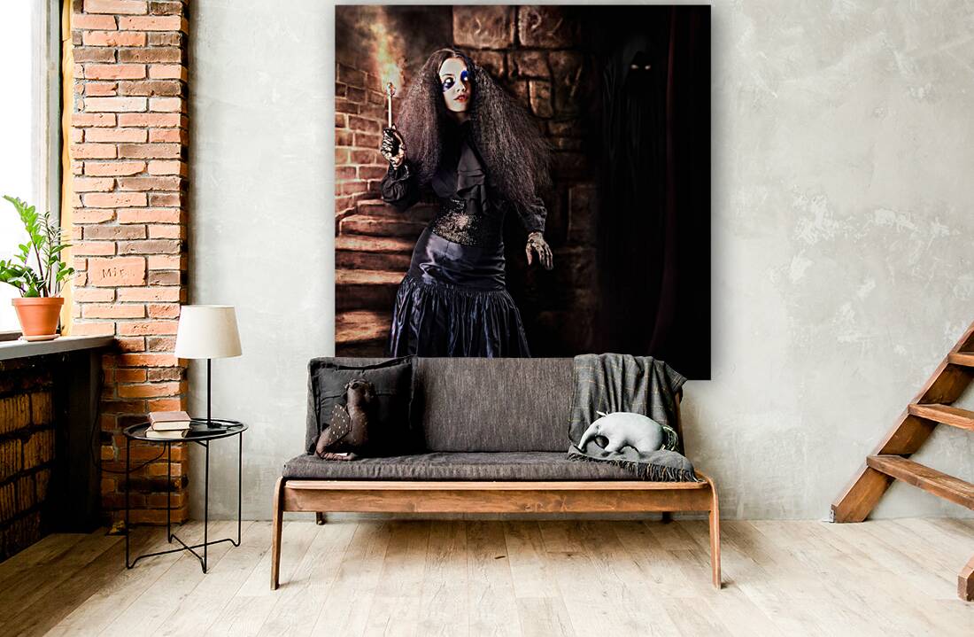 Female jester walking inside dark castle stairwell Reproduction