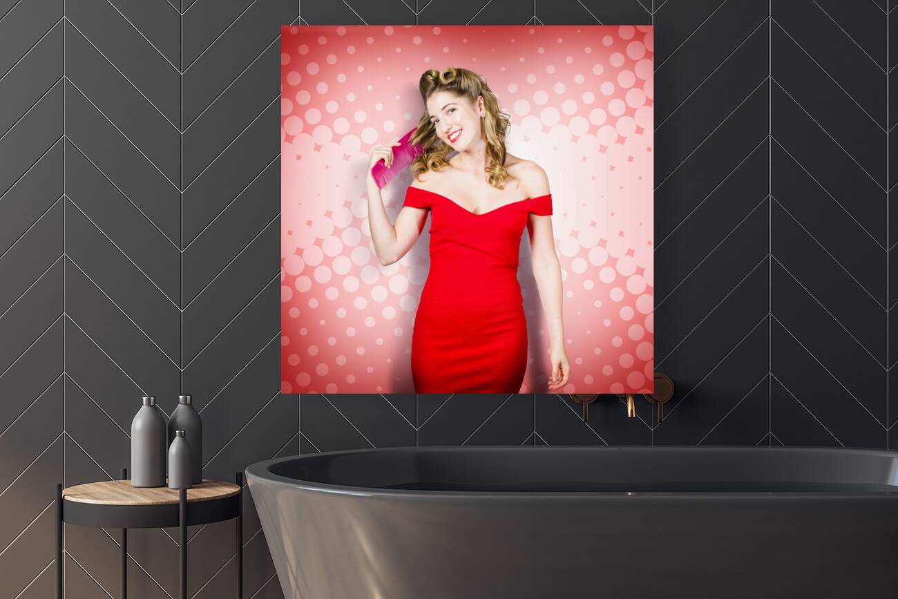 Beauty pinup model straightening rolled 50s hair Reproduction