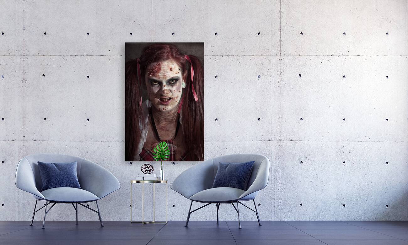 Scary ID photo of female zombie school student Reproduction