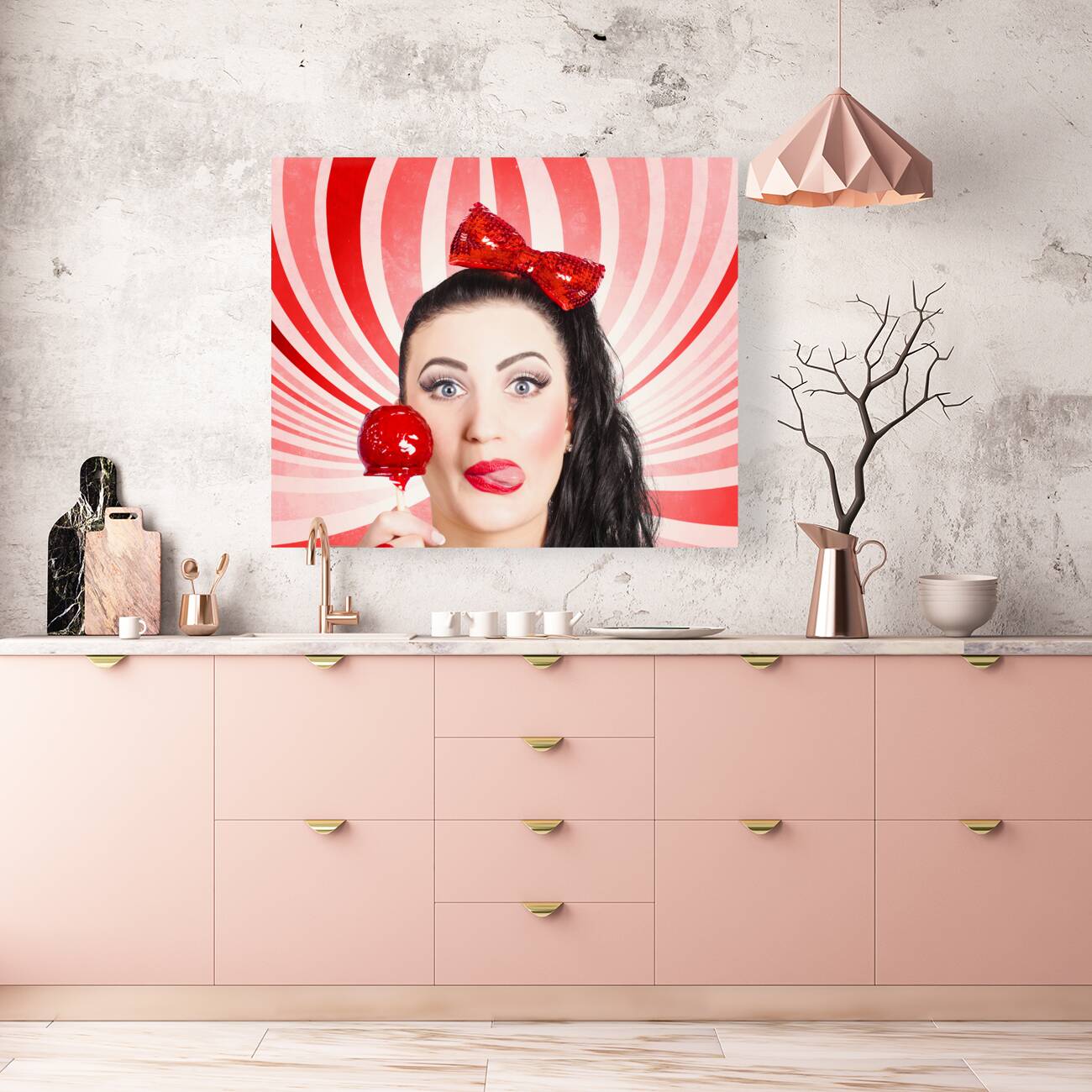 Happy young retro woman with lollipop toffee apple Reproduction