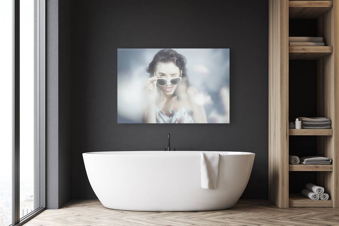 Classy sixties fashion girl in foggy field Reproduction