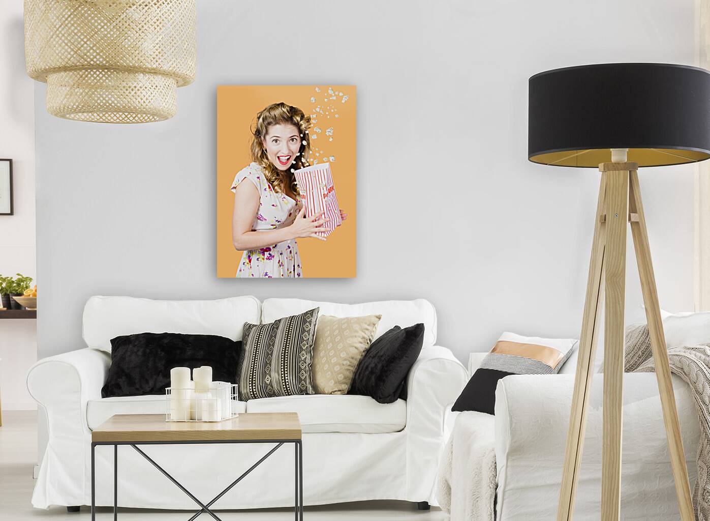 Shock horror pinup girl watching scary movie Reproduction