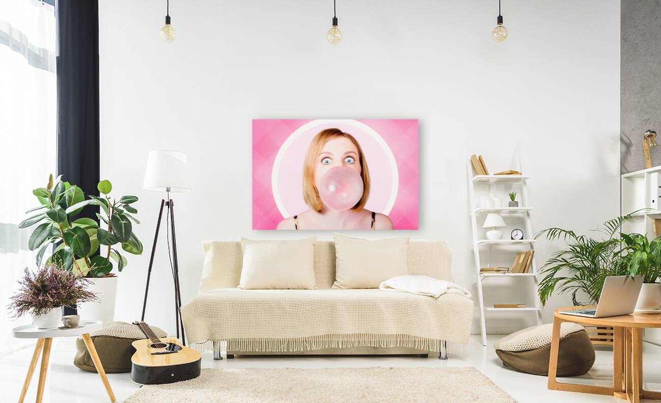 70s pin-up girl blowing pink bubble gum ball Reproduction