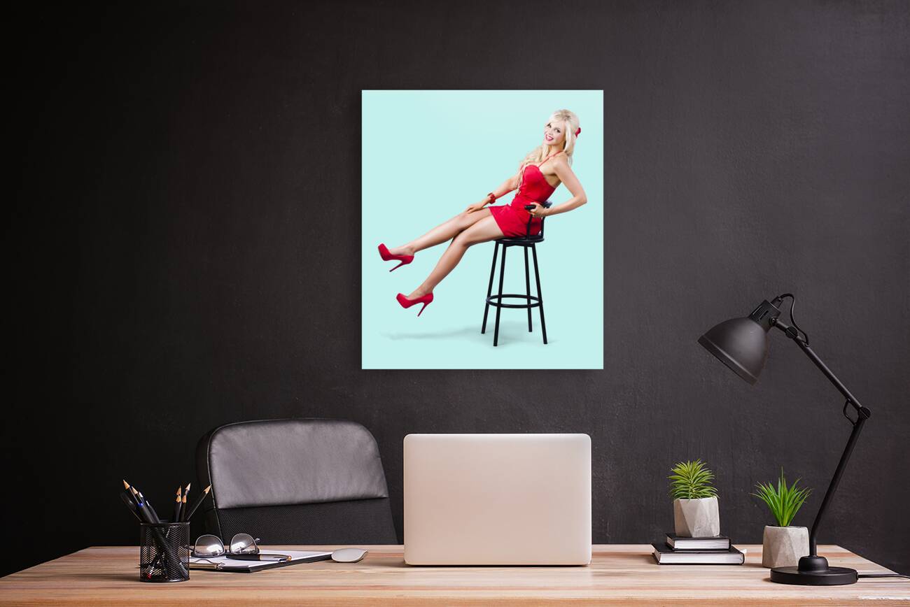 Pinup girl relaxing on a bar stool Reproduction