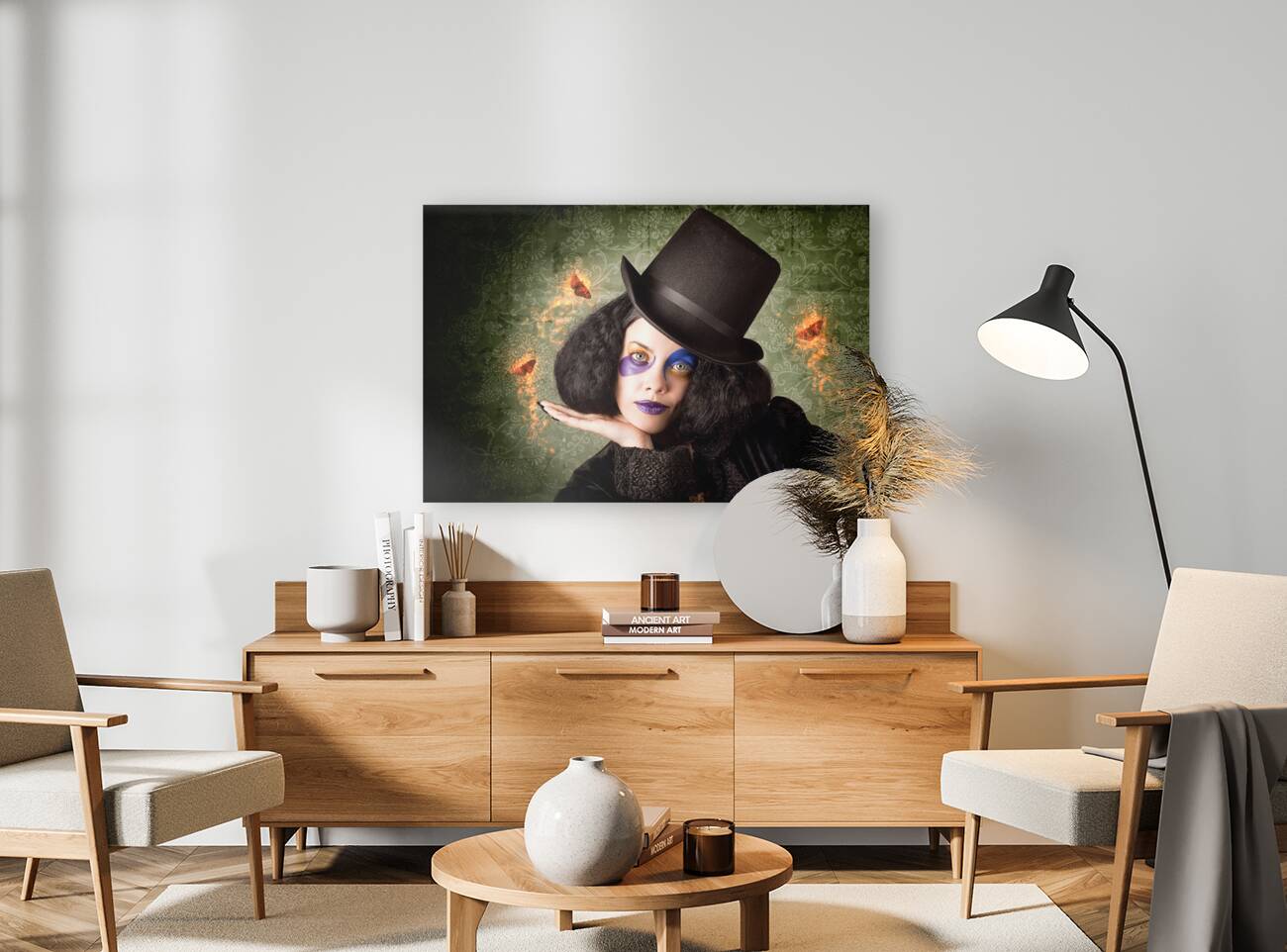 Stylish female magician performing magic trick Reproduction