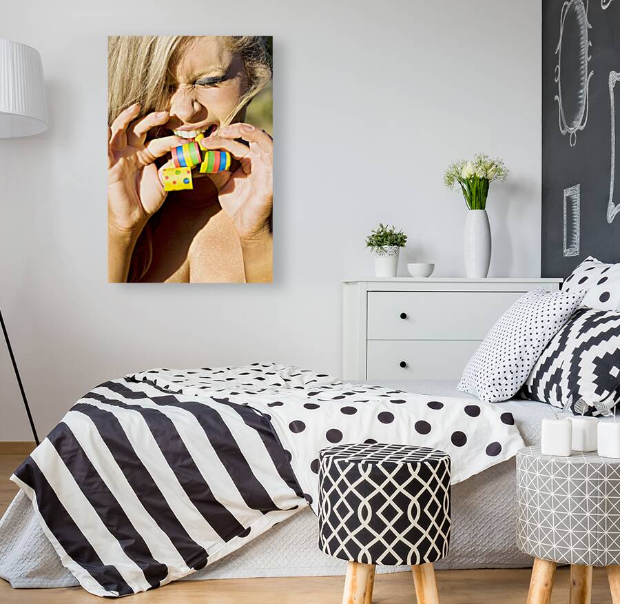 Woman Blowing Party Horns Reproduction