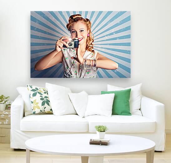 Young Happy Vintage Woman With Old Film Camera Reproduction