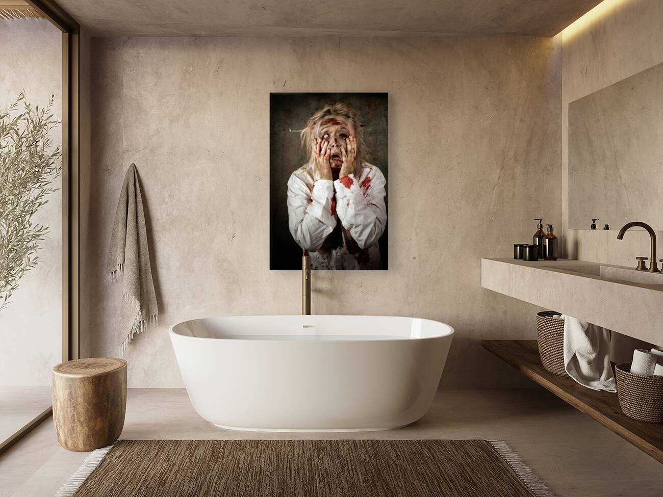 Shock horror. Surprised businesswoman zombie Reproduction