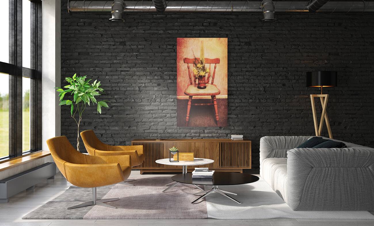 Decorated flower bunch on old wooden chair Reproduction