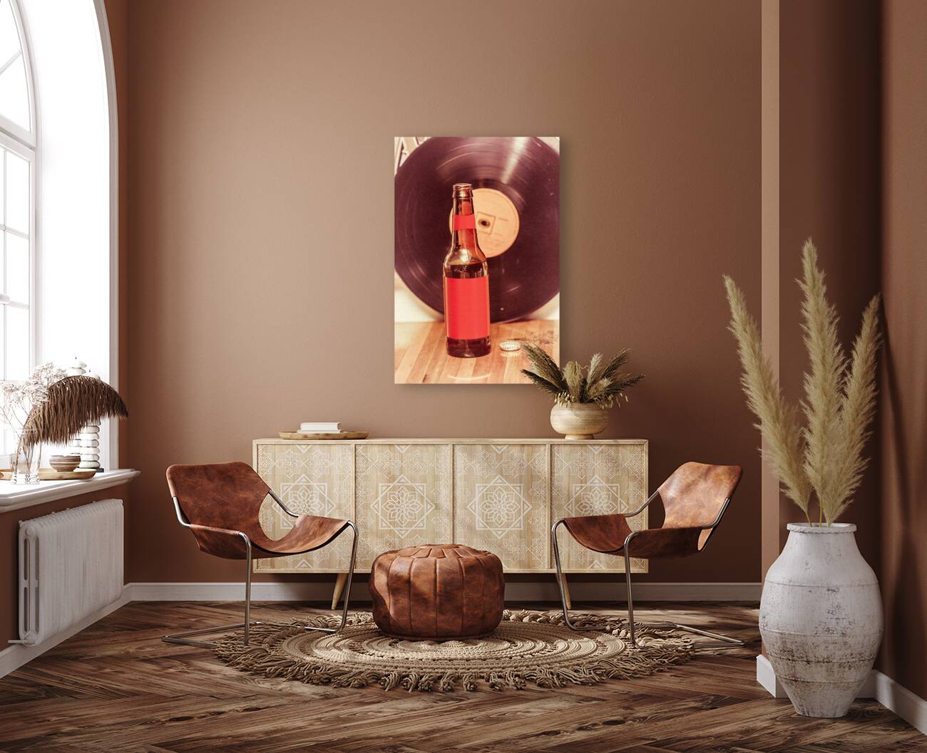 Beer bottle on bar counter top with vinyl record Reproduction