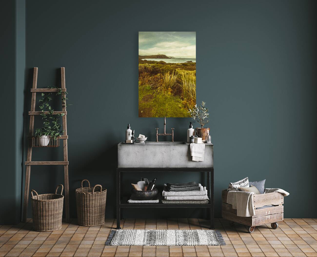 Grassy hills and distant mountains Reproduction