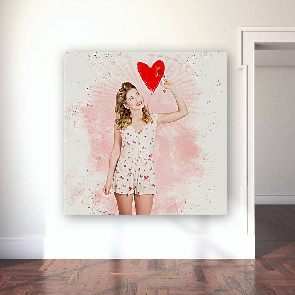 50s blond pin-up girl painting red love heart  Reproduction
