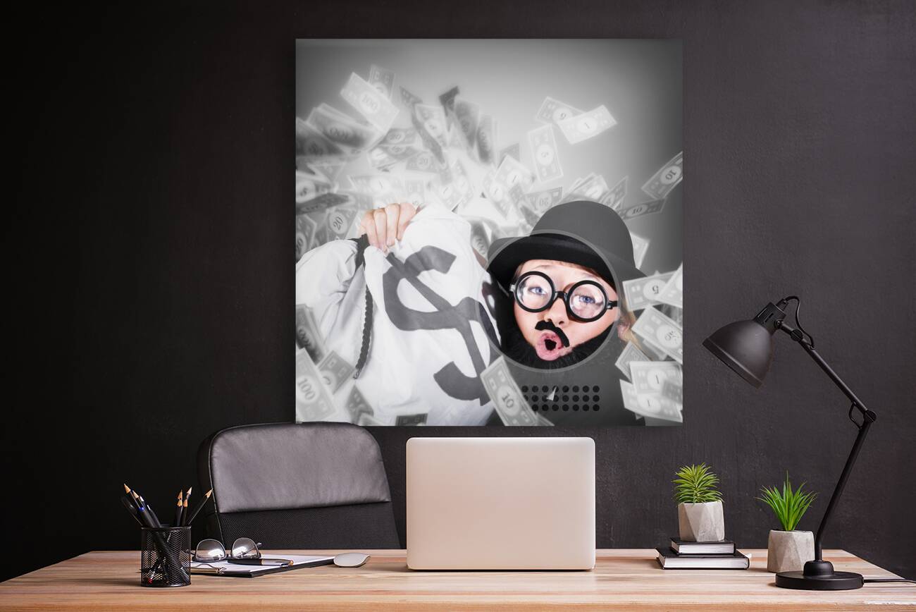 Funny businessman with falling money. Success Reproduction