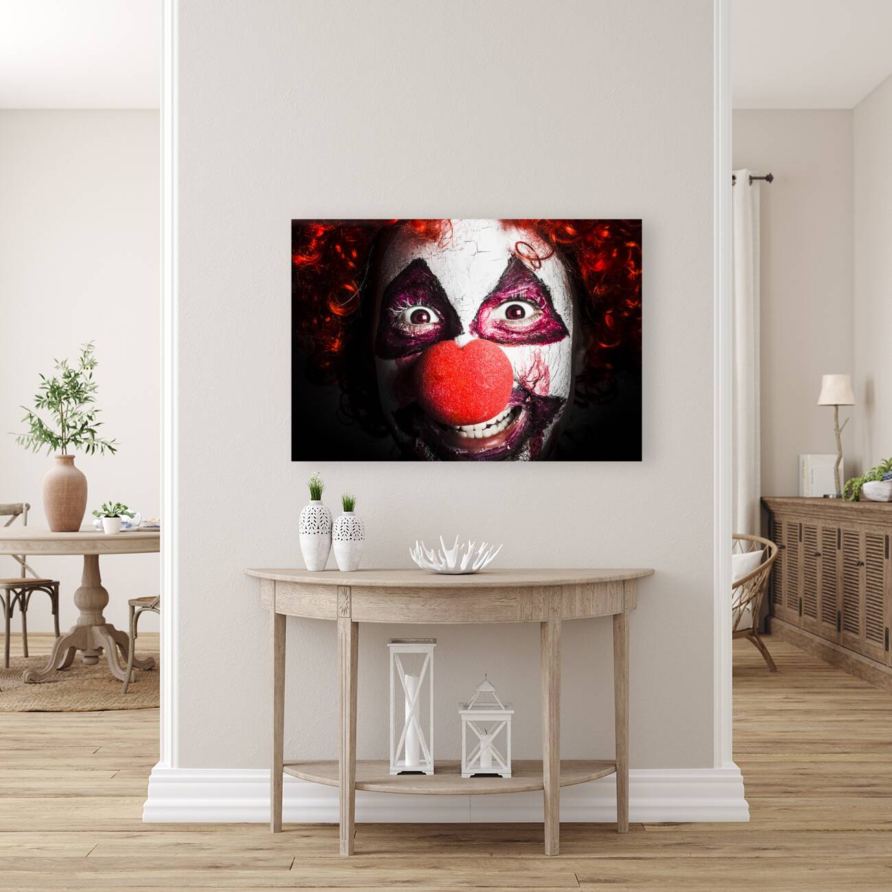 scary and evil clown smiling in dark spooky style Reproduction