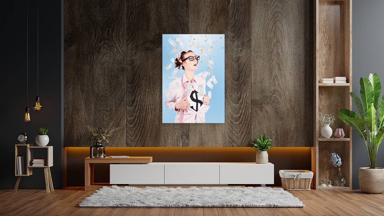 Successful Female Business Superhero Winning Money Reproduction