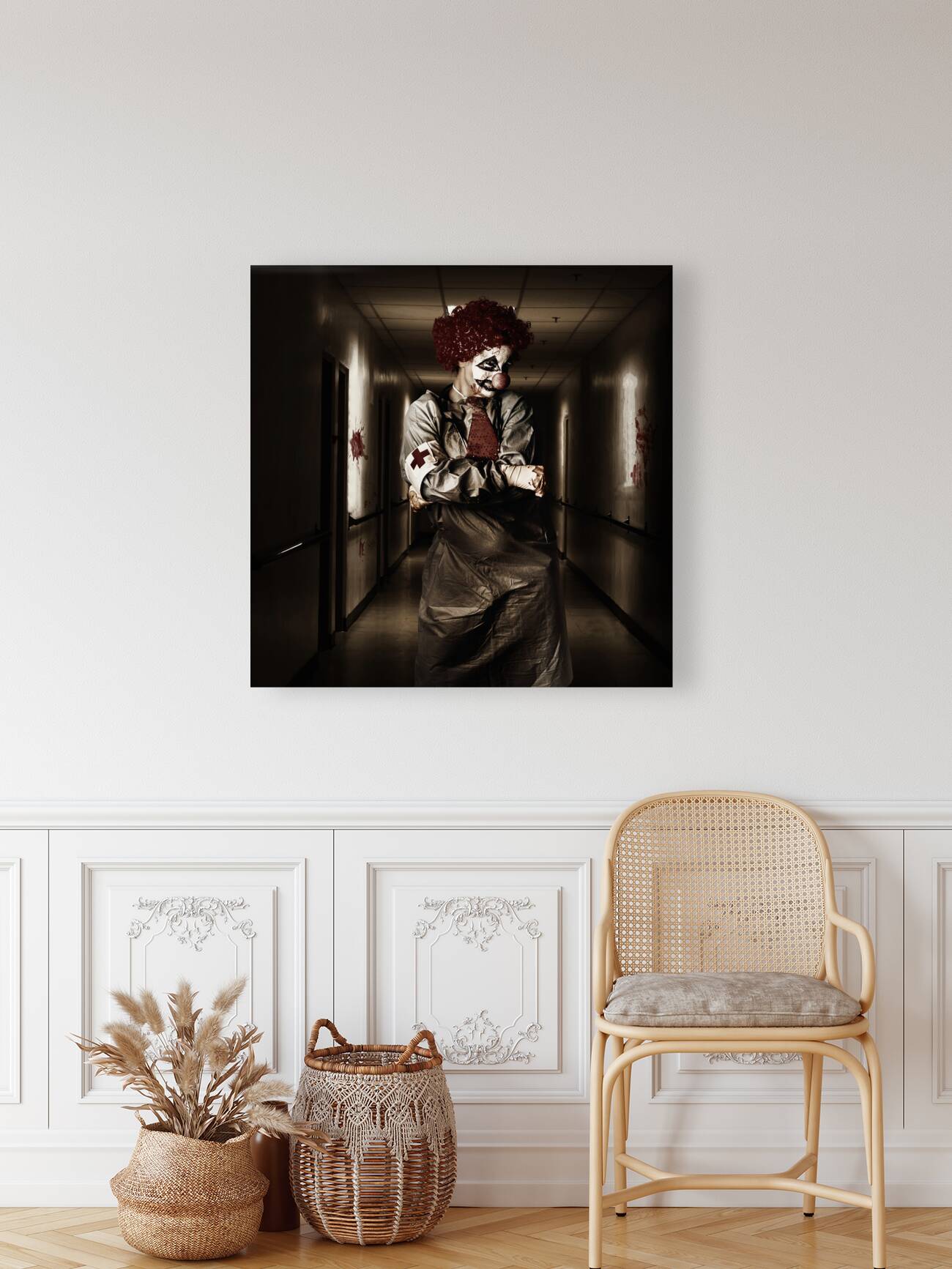 Dark hospital clown in spooky theatre nightmare Reproduction