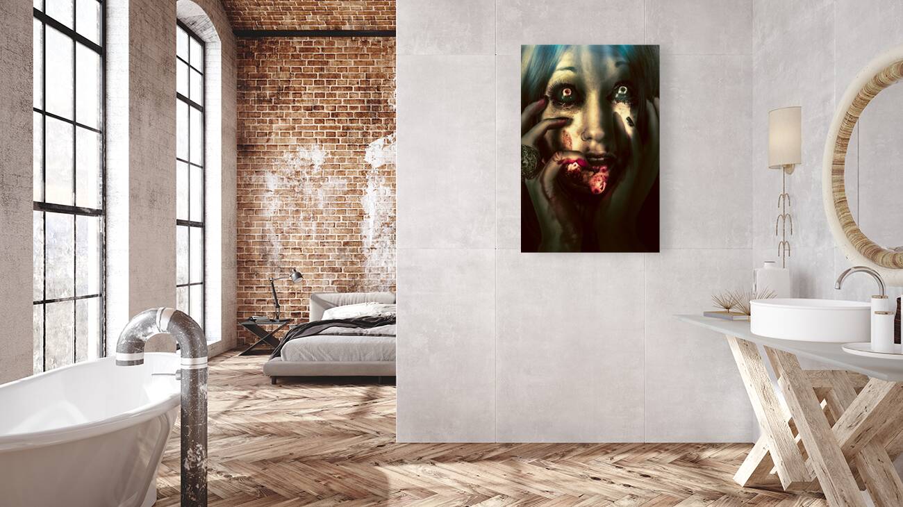 Dark scary female face expressing bloody fear Reproduction