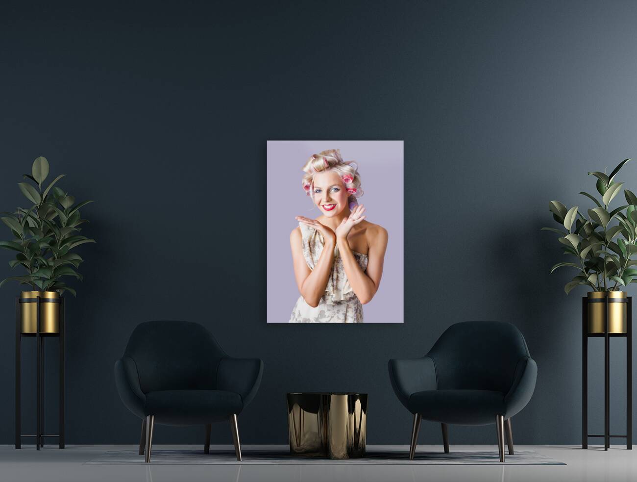 Woman with rollers in hair Reproduction