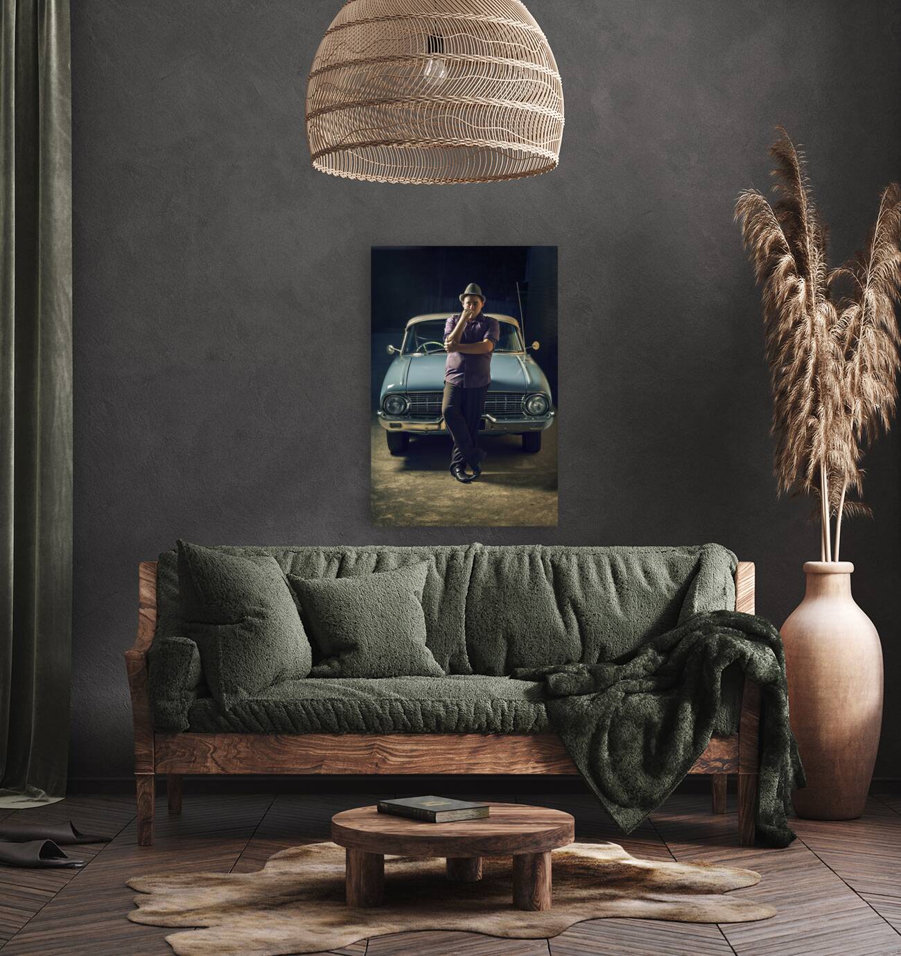 1950s private eye investigator with smoke on car Reproduction