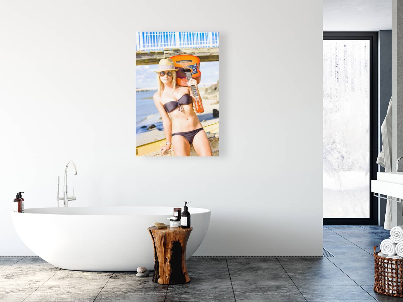 Sunset Busker Holding Guitar In Tropical Paradise Reproduction