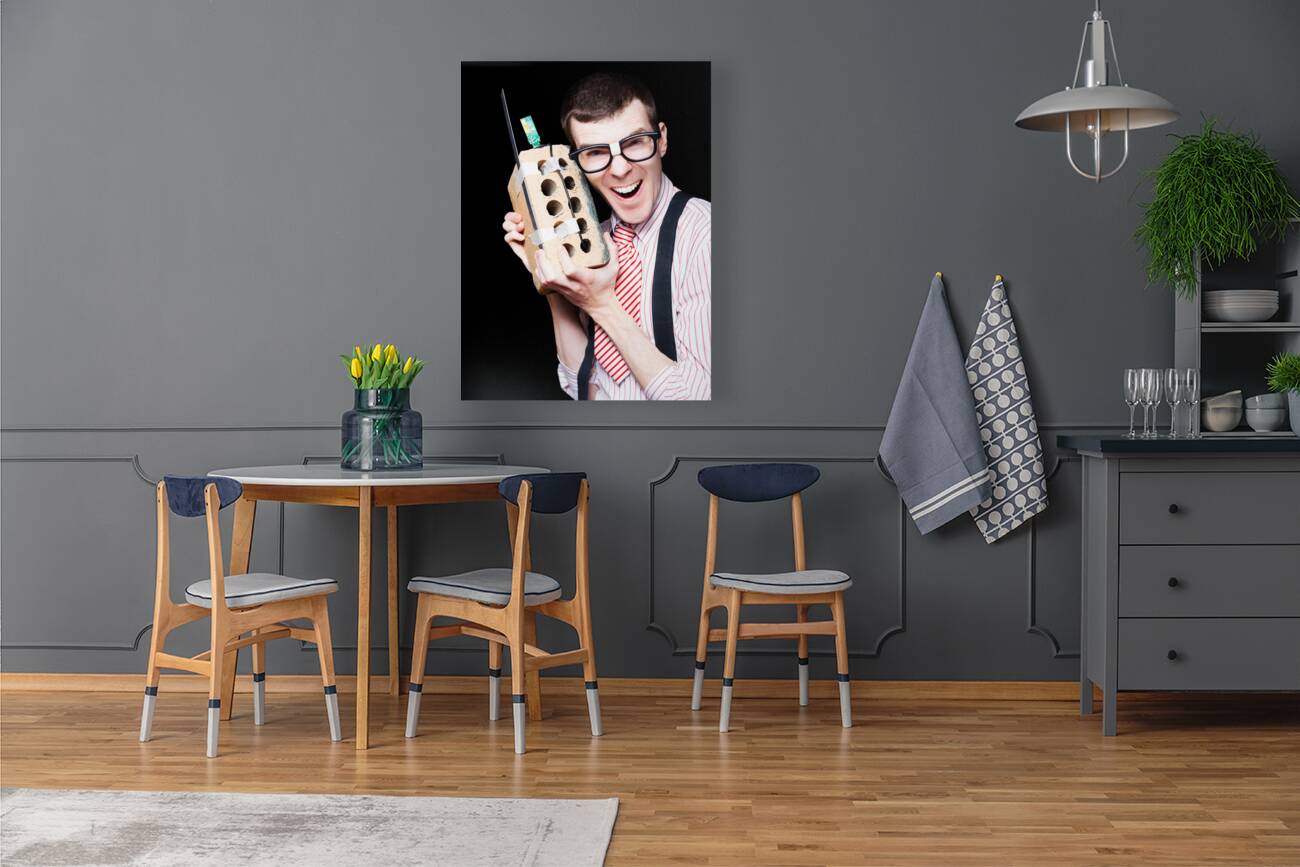 Business Geek Laughing On House Brick Phone Reproduction