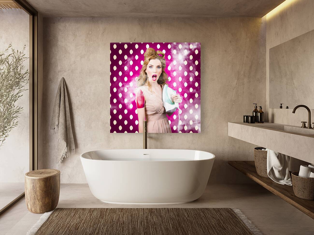 Funny pin-up woman pressing clothes. Dry cleaning Reproduction