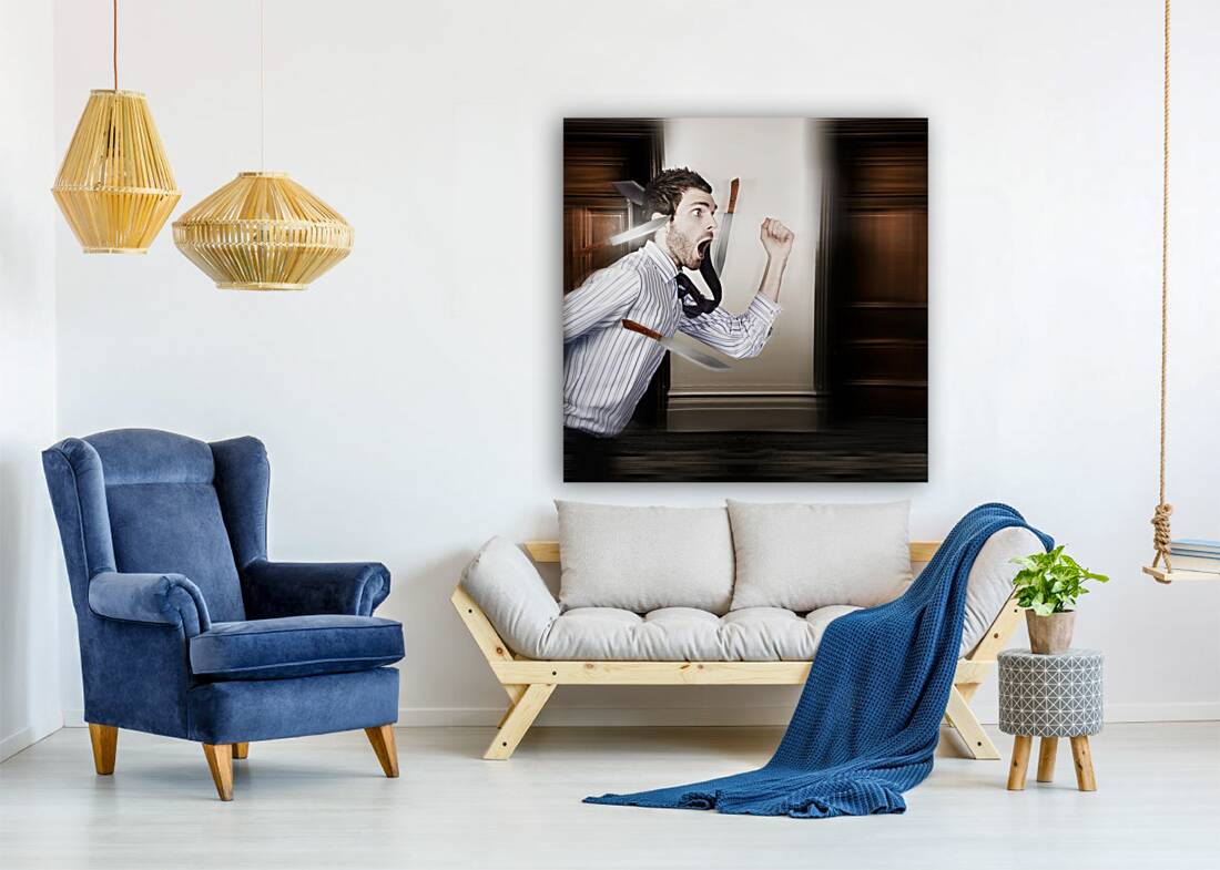 Crazy businessman running in fear from danger Reproduction