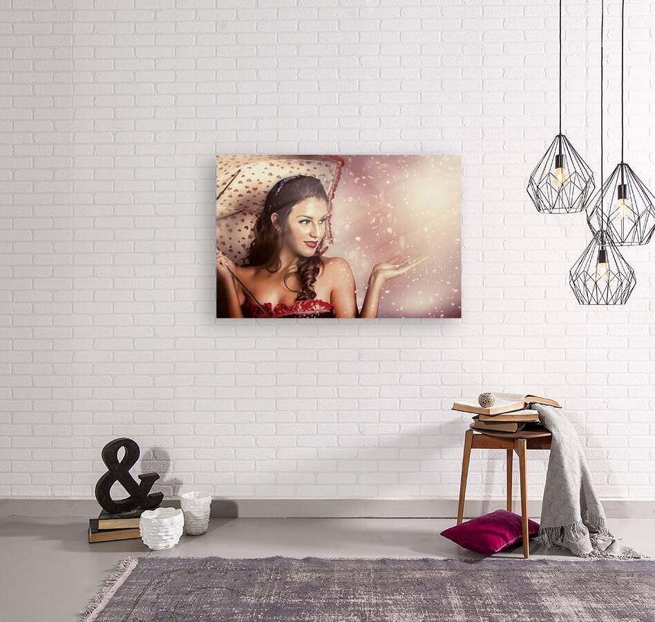 Beautiful woman catching rain in summer sun shower Reproduction