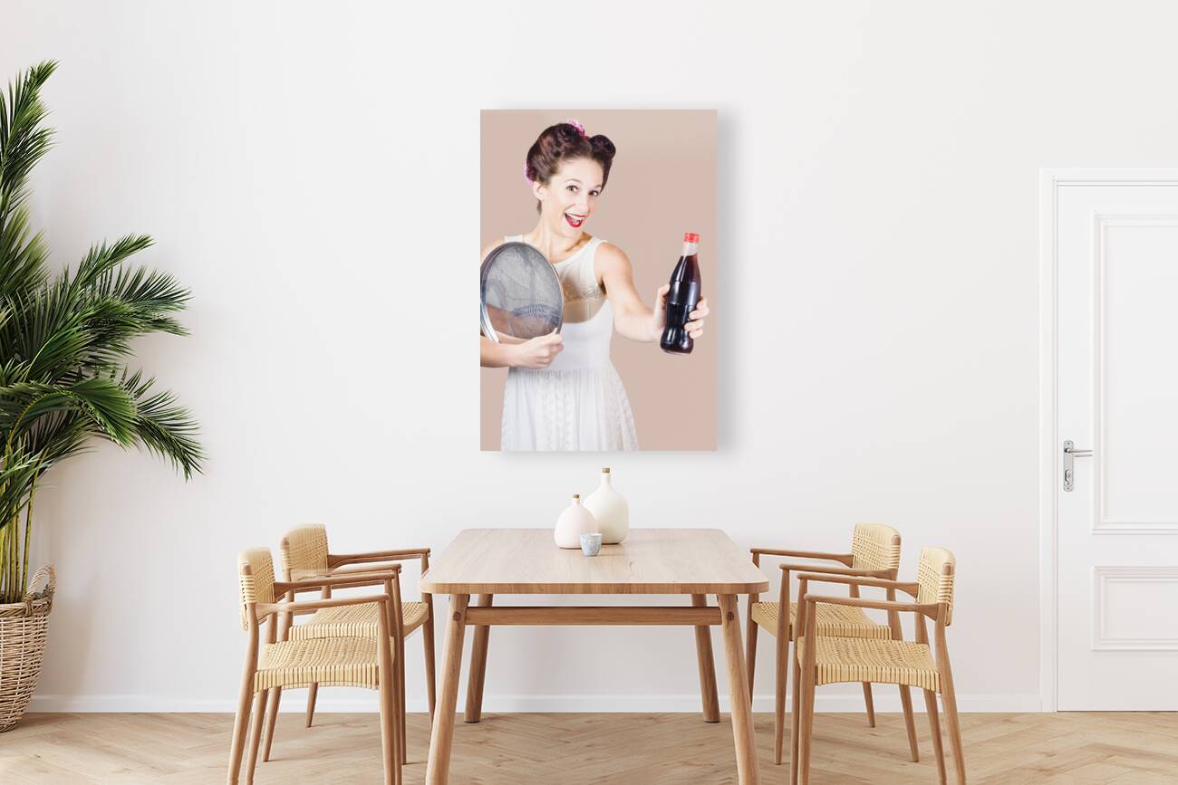 Retro pin-up girl giving bottle of soft drink Reproduction