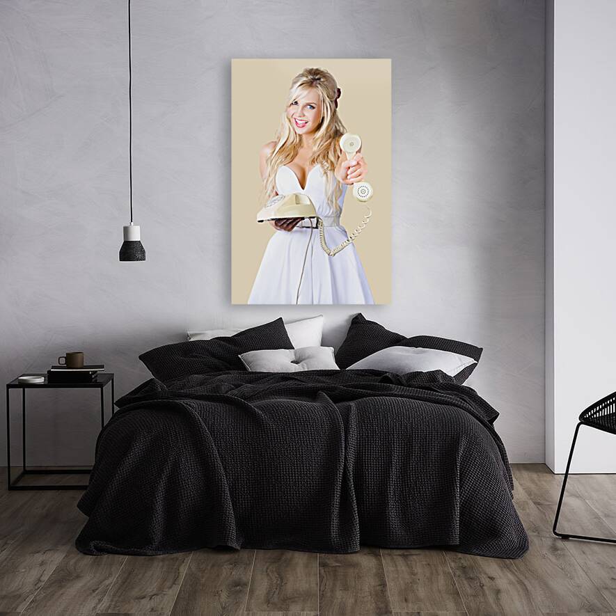 Smiling Woman with Retro Telephone Reproduction