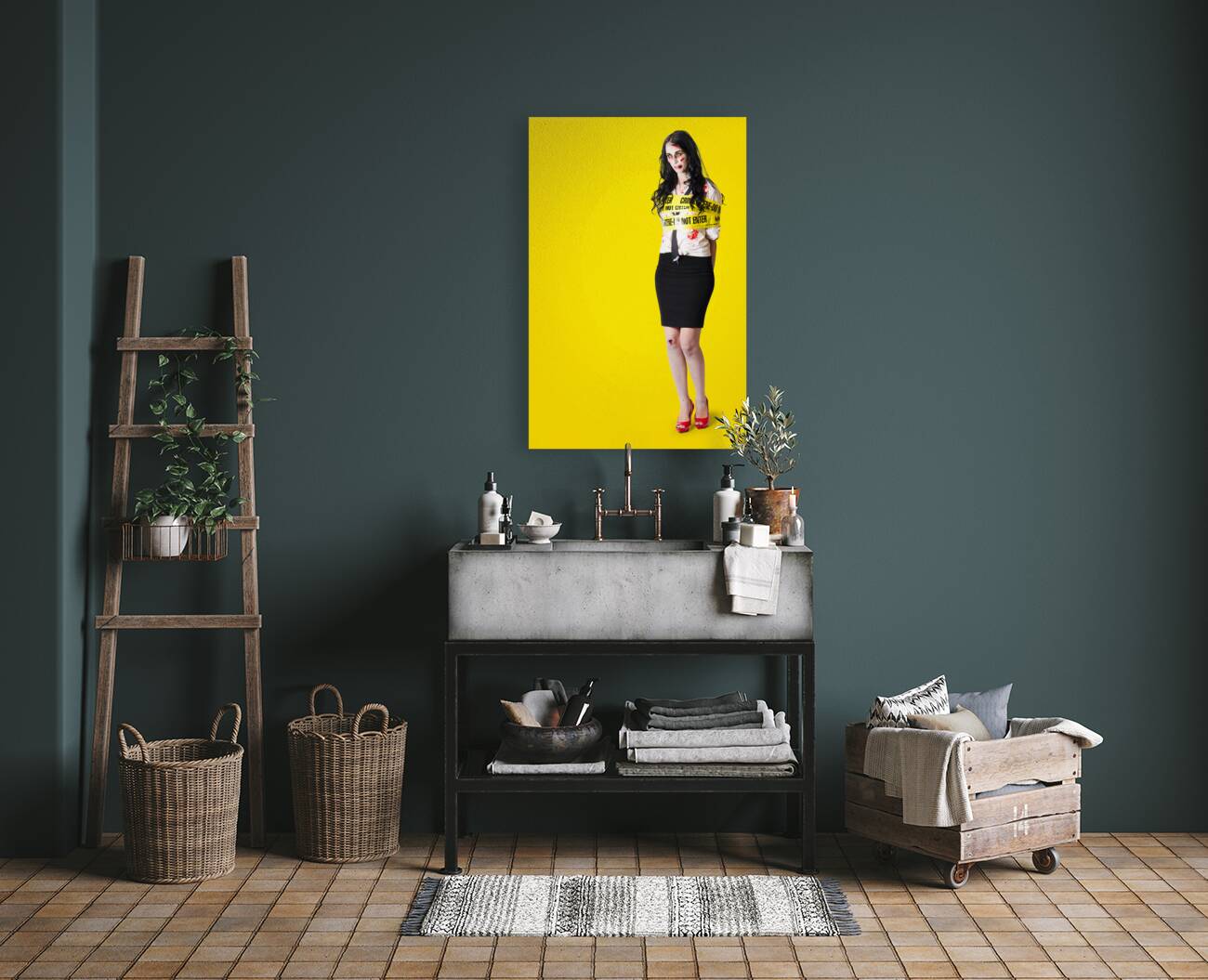 Creepy homicide girl standing undead on yellow Reproduction