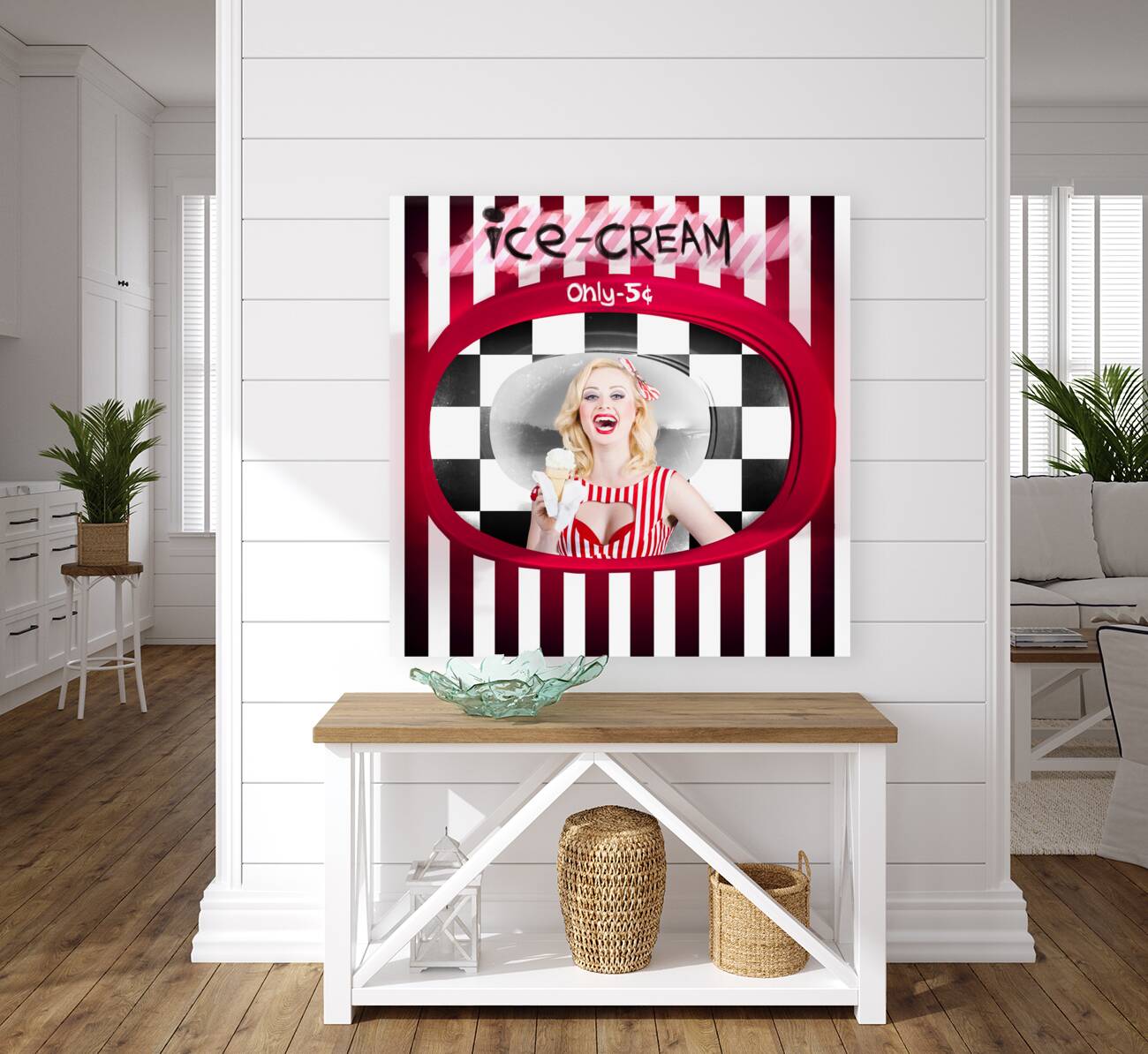 Beautiful blonde woman serving ice cream Reproduction