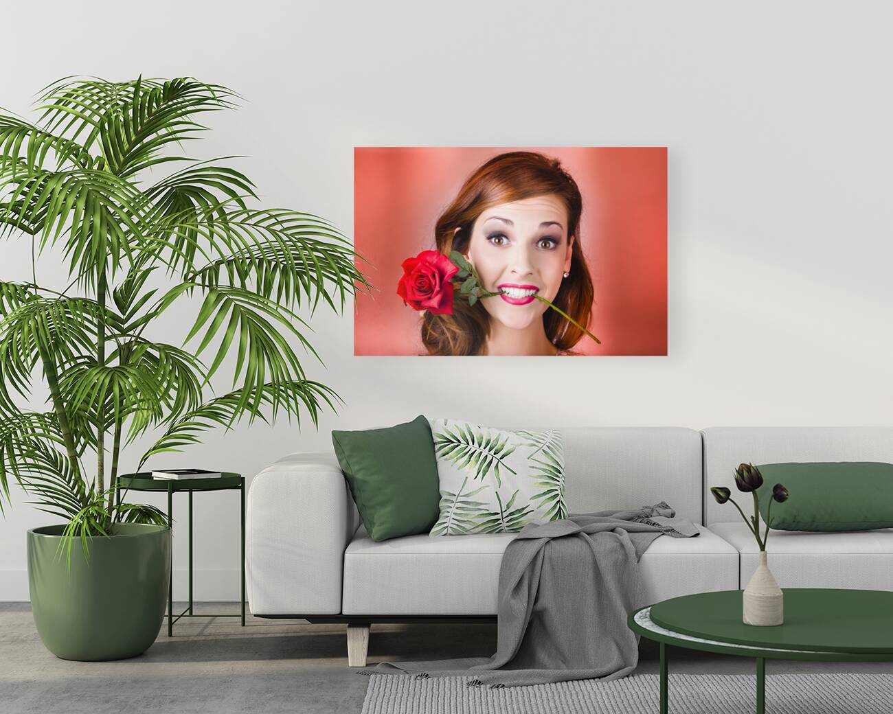 Woman gripping red rose between her teeth Reproduction