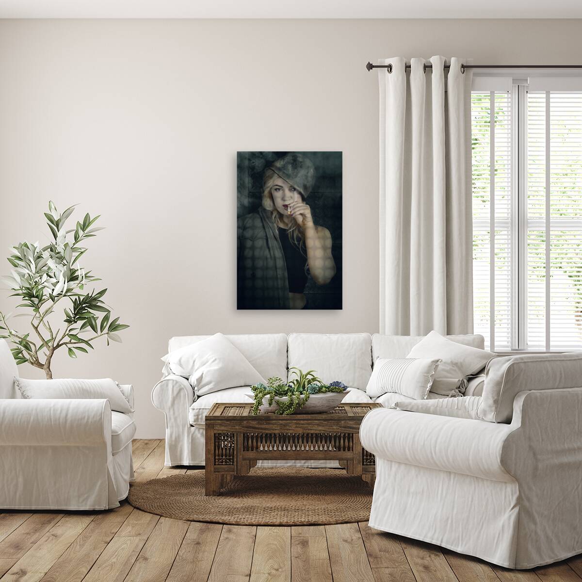 Female pinup soldier smoking cigarette in foxhole Reproduction