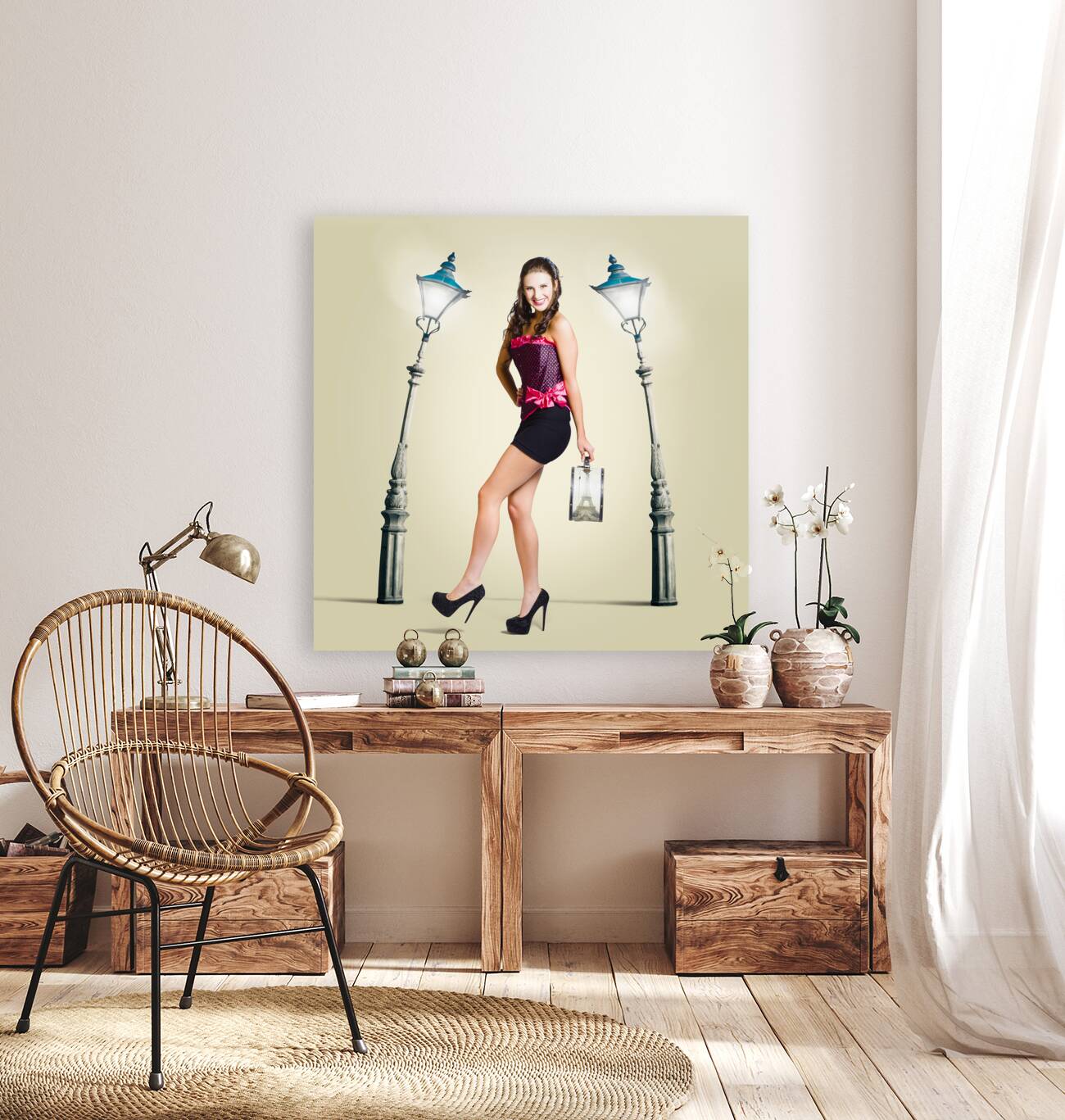 Woman travel shopping through old streets of Paris Reproduction