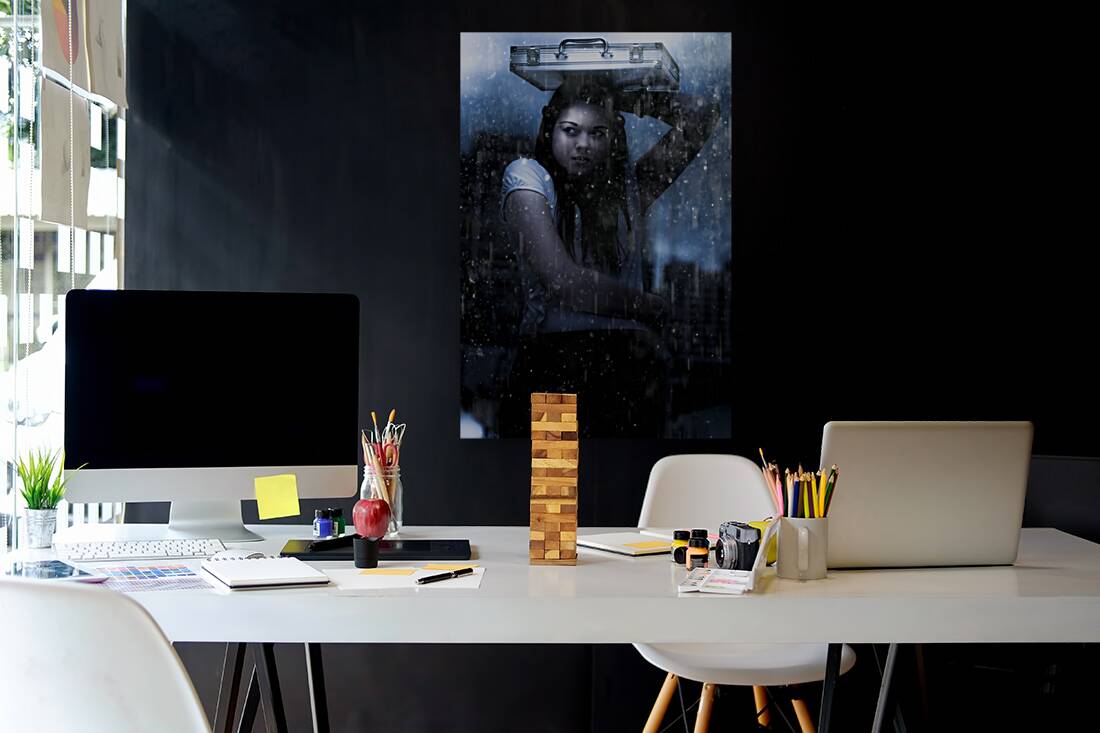 Business Woman Caught In Rain And Bad Weather Reproduction