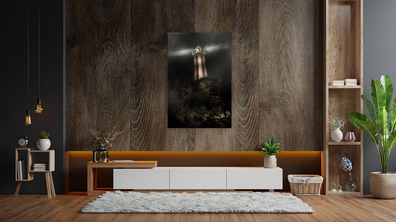 Tasmania lighthouse in rain storm. Guiding light Reproduction