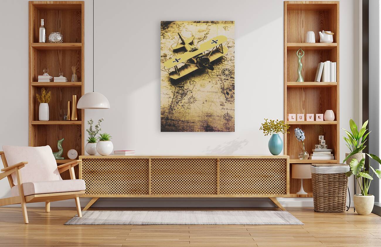 Antique Biplane On Old Map Reproduction