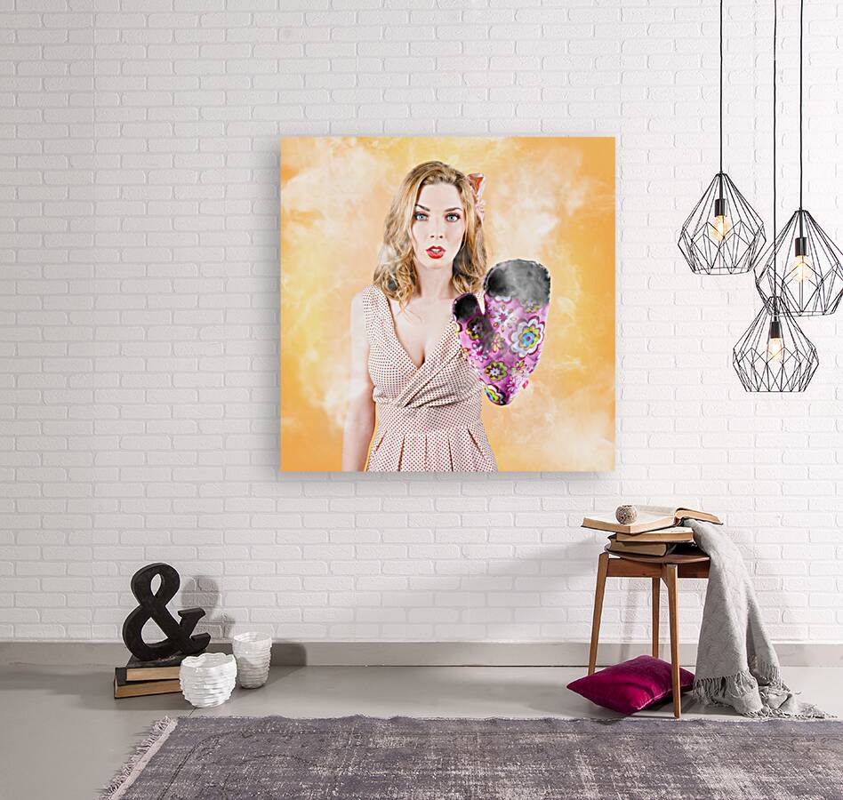 Funny woman cook waving stop. Bad cooking Reproduction