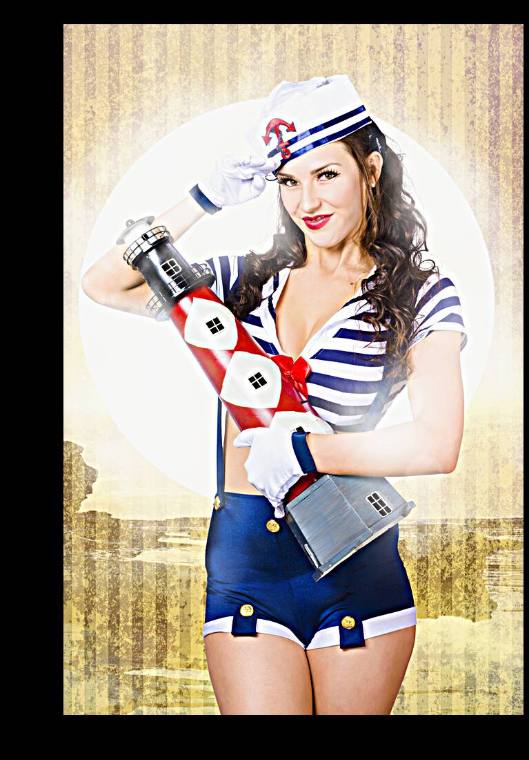 Pinup portrait of young happy naval woman Reproduction