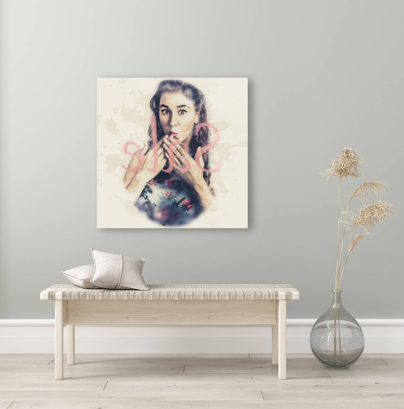 Surprised pin up window shopper at store sale Reproduction